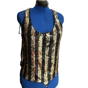 ETA Women's XL Black Gold Sequin Striped Mesh Back Tank Top Spark Tank